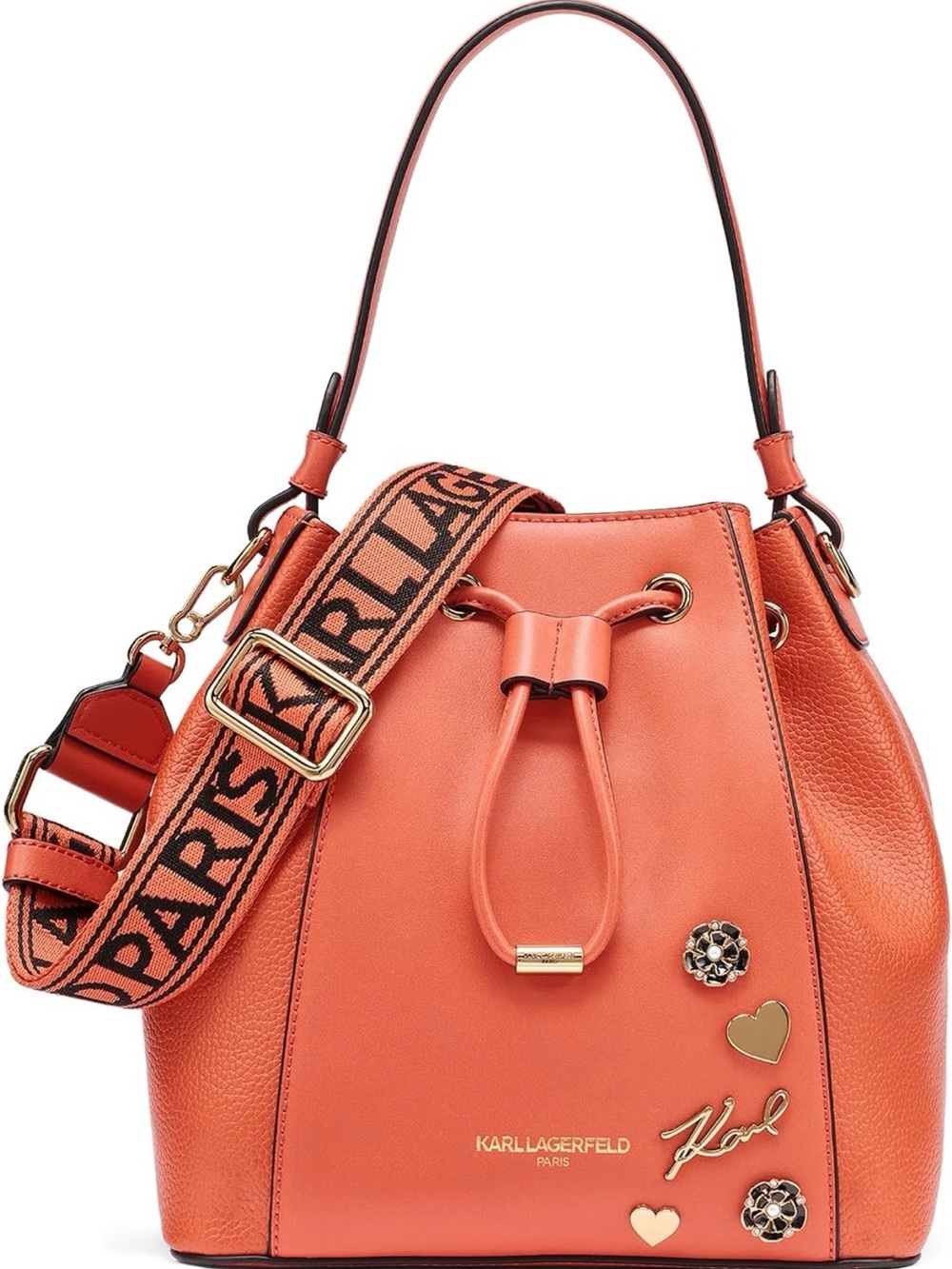 Karl Lagerfeld Coral-Orange Drawstring Bucket Bag with Logo Strap